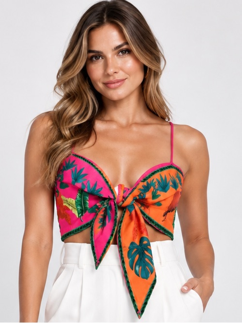 SHEIN Pink & Orange Tropical Tie-Front Camisole
